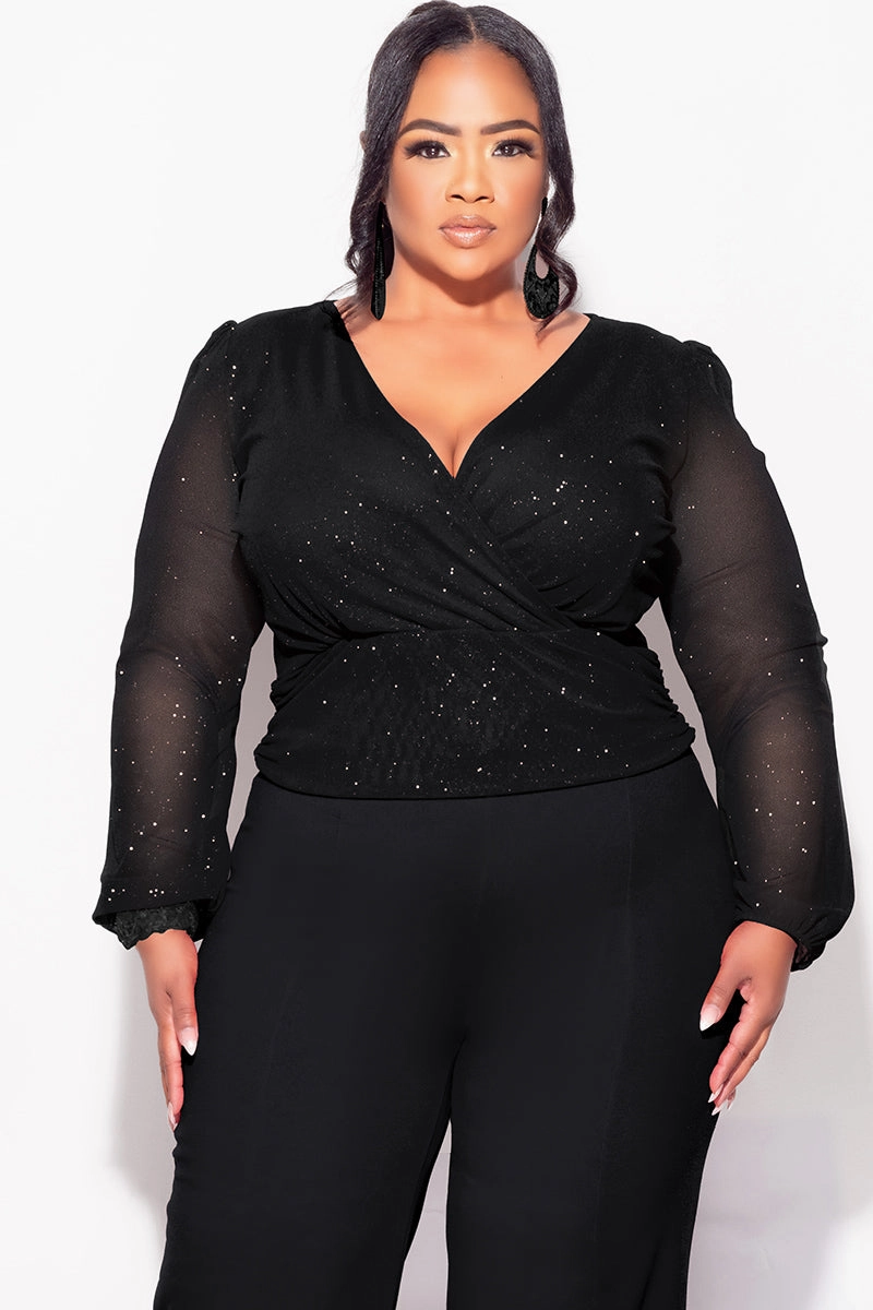 ReinforcedShoulders Final Sale Plus Size Sheer Glitter Faux Wrap Top in Black