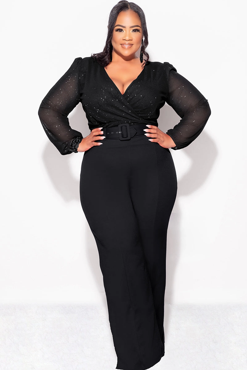 AdjustableClosure Drop Shoulder Design Final Sale Plus Size Sheer Glitter Faux Wrap Top in Black