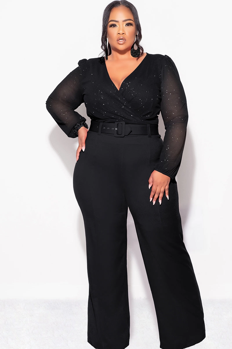 Final Sale Plus Size Sheer Glitter Faux Wrap Top in Black Wrinkle Resistant Textile