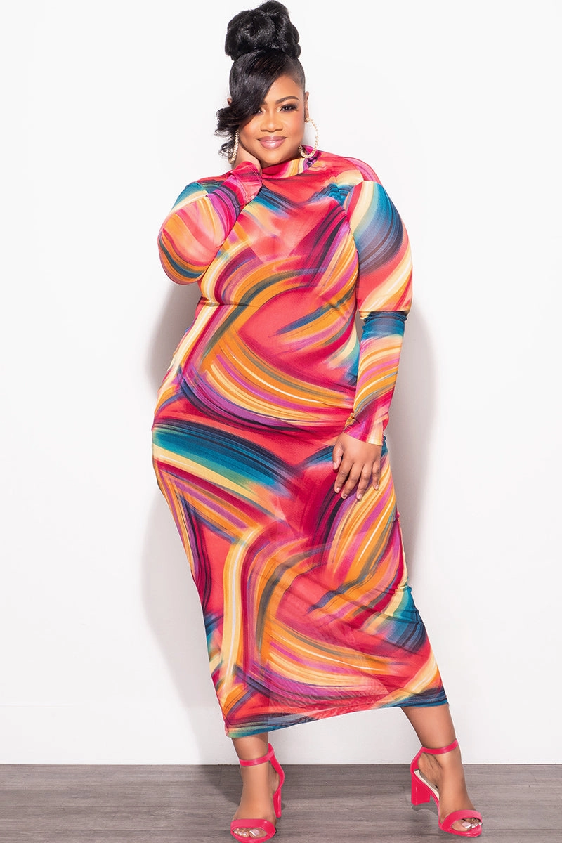 Final Sale Plus Size Sheer Mesh Bodycon Dress in Paint Brush Print Outdoor Essentials