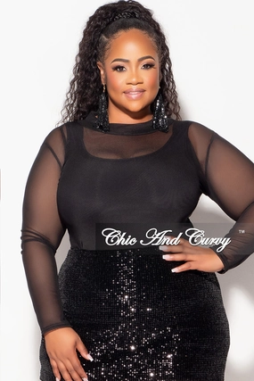 Final Sale Plus Size Sheer Mesh Bodysuit in Black (Top Only) Double Layered Hem Breathable Comfort Design
