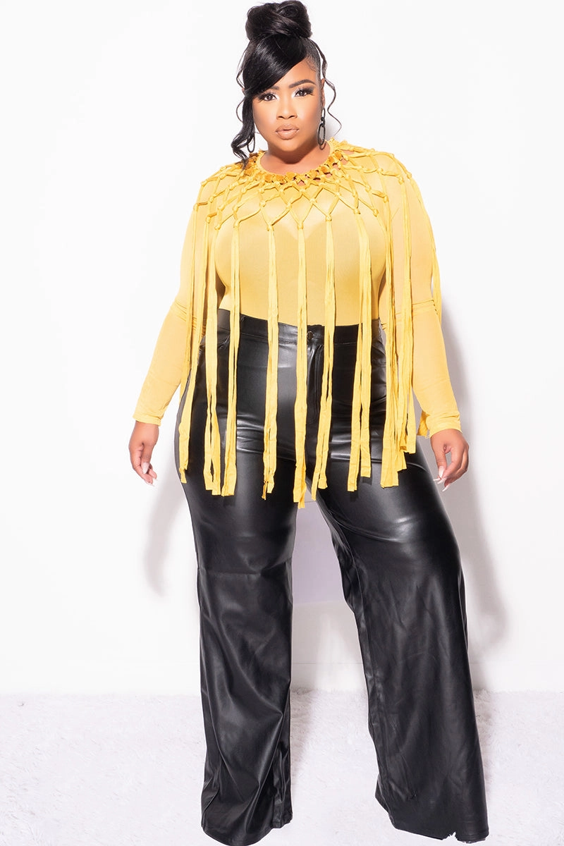 Stain Repellent Coating Final Sale Plus Size Sheer Mesh Crochet Fringe 2pc Bodysuit with Overlay in Mustard