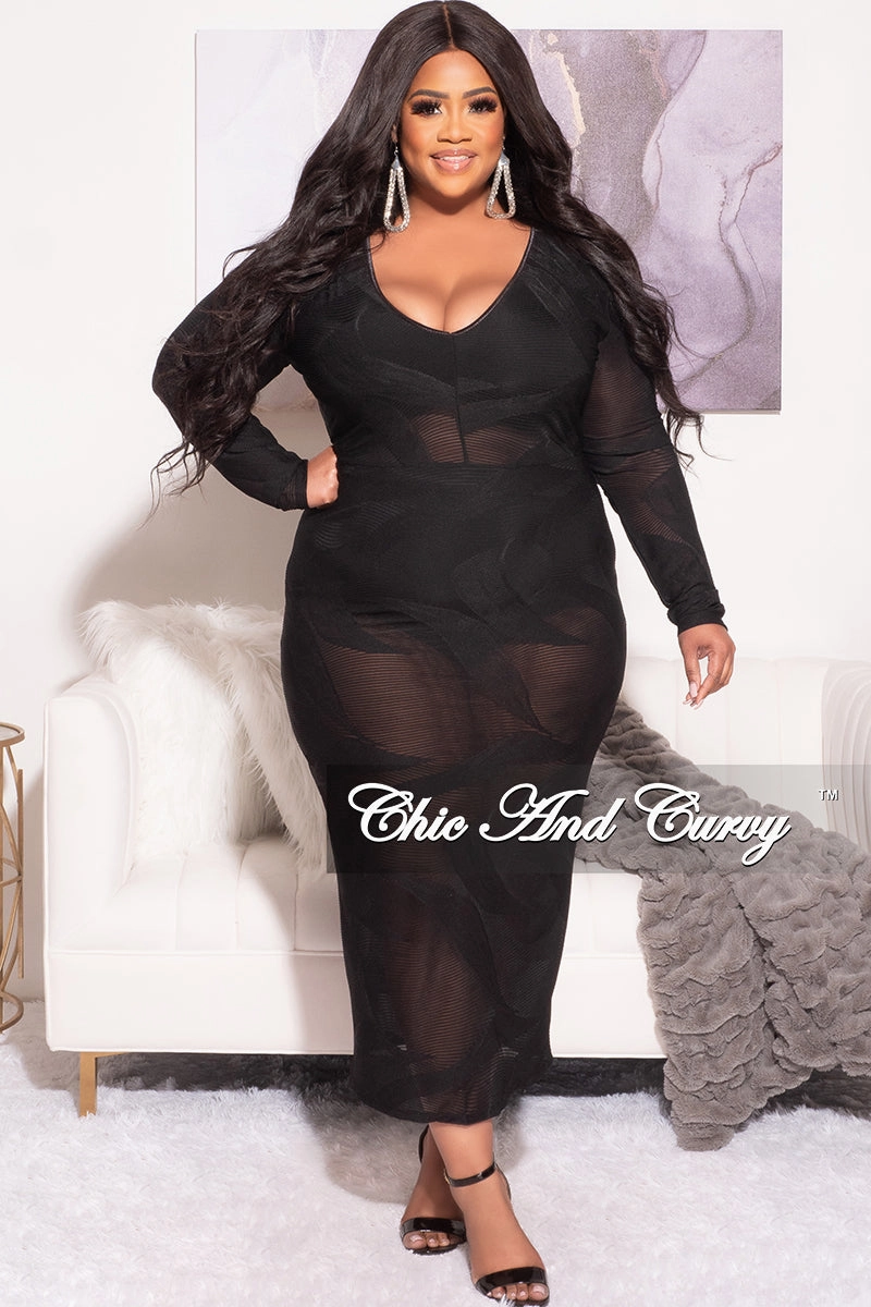 Sporty Look Final Sale Plus Size Sheer Midi Dress with Tie Back Slit in Black
