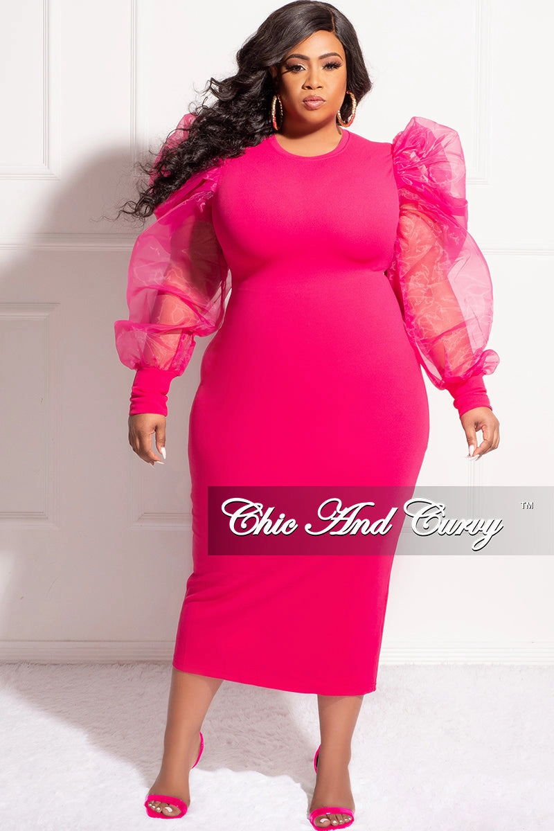 high waisted Layered Panel Design Final Sale Plus Size Sheer Organza Puffy Sleeve Bodycon Dress in Fuchsia