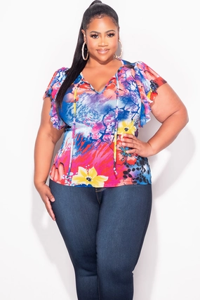 Plus-size option LightweightWeave Final Sale Plus Size Sheer Top with Ruffle Layered Sleeves in Royal Blue Floral Print