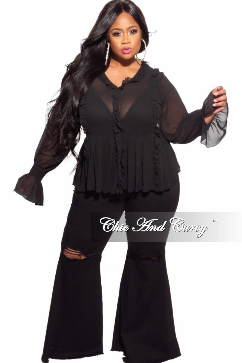 Cozy Fit Final Sale Plus Size Sheer Top with Ruffle Sleeves