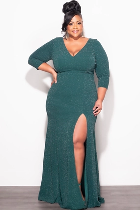 Ventilated Side Panels Final Sale Plus Size Shimmer Gown with Front Slit in Green