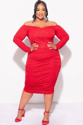 Breathable Microfiber Self Fabric Tie Final Sale Plus Size Shimmer Off The Shoulder Ruched BodyCon Dress in Red