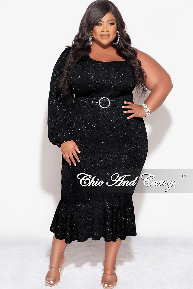 Light Reflective Printing Final Sale Plus Size Shimmer One Shoulder Midi Dress with Bottom Ruffle in Black