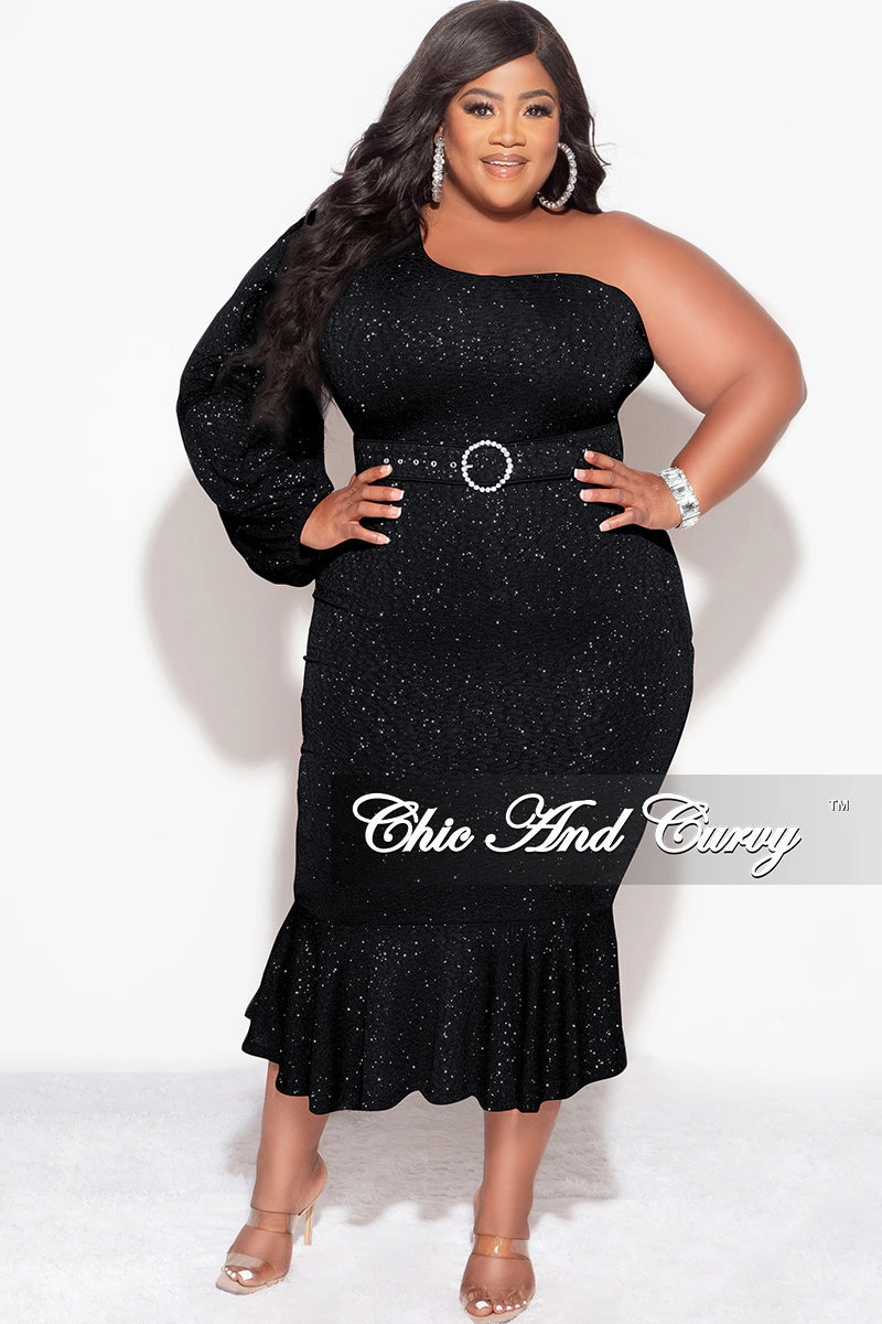 Final Sale Plus Size Shimmer One Shoulder Midi Dress with Bottom Ruffle in Black AntiPilling Surface
