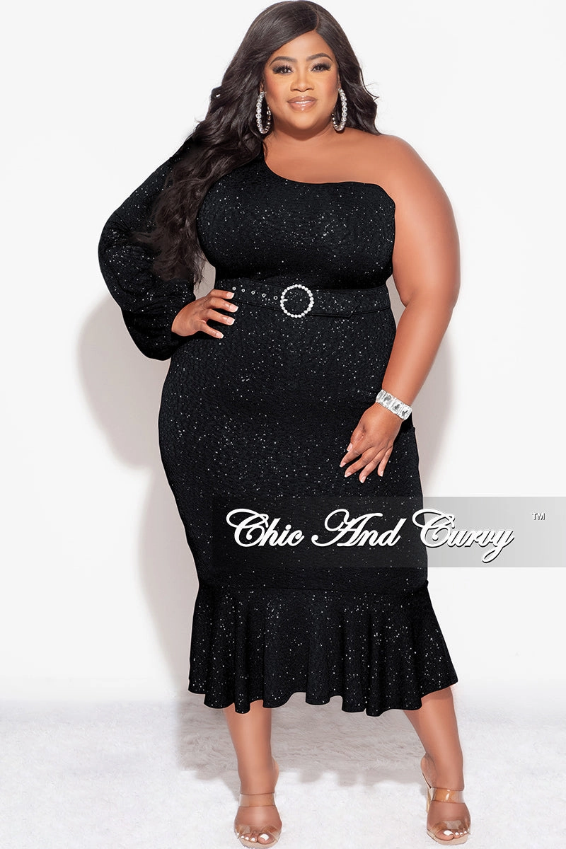 Tailored Placket Final Sale Plus Size Shimmer One Shoulder Midi Dress with Bottom Ruffle in Black