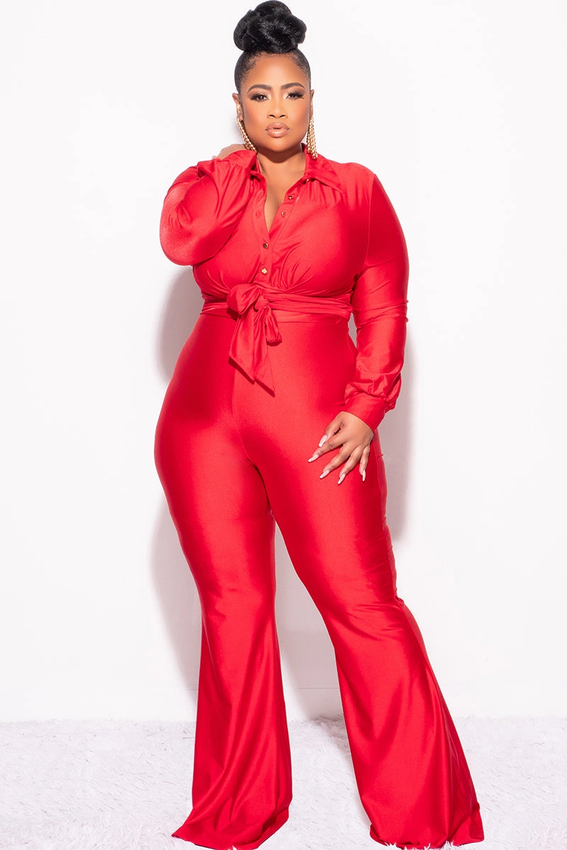 Final Sale Plus Size Shiny 2pc Collar Button Up Crop Tie Top and Bell Bottom Pants Set in Red Light Fit Wear