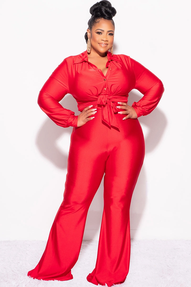 Abrasion Resistant Material Final Sale Plus Size Shiny 2pc Collar Button Up Crop Tie Top and Bell Bottom Pants Set in Red