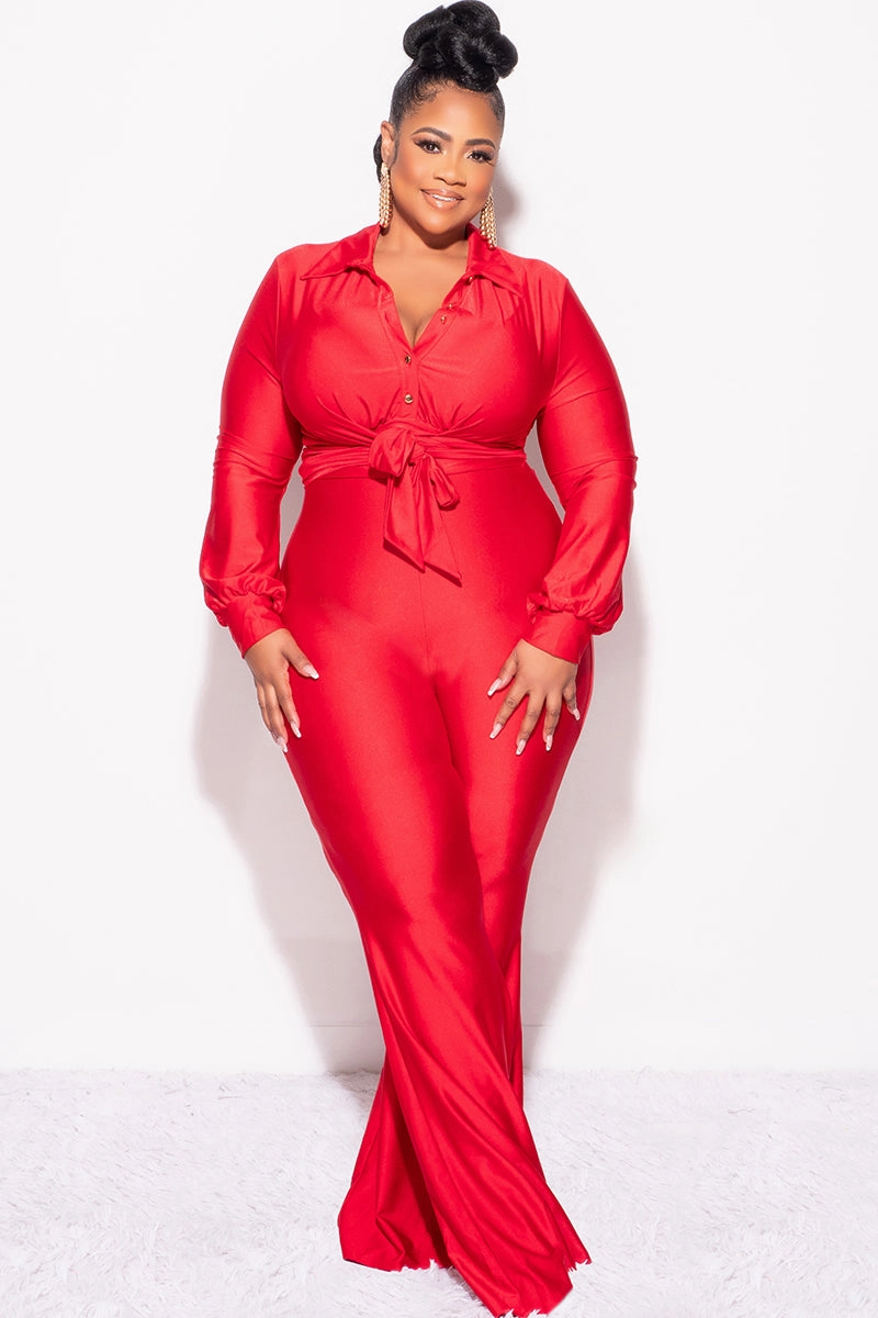 Final Sale Plus Size Shiny 2pc Collar Button Up Crop Tie Top and Bell Bottom Pants Set in Red Performance Stretch