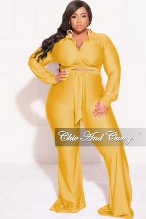 Final Sale Plus Size Shiny 2pc Collar Button Up Crop Tie Top and Bell Bottom Pants Set in Yellow City Ready