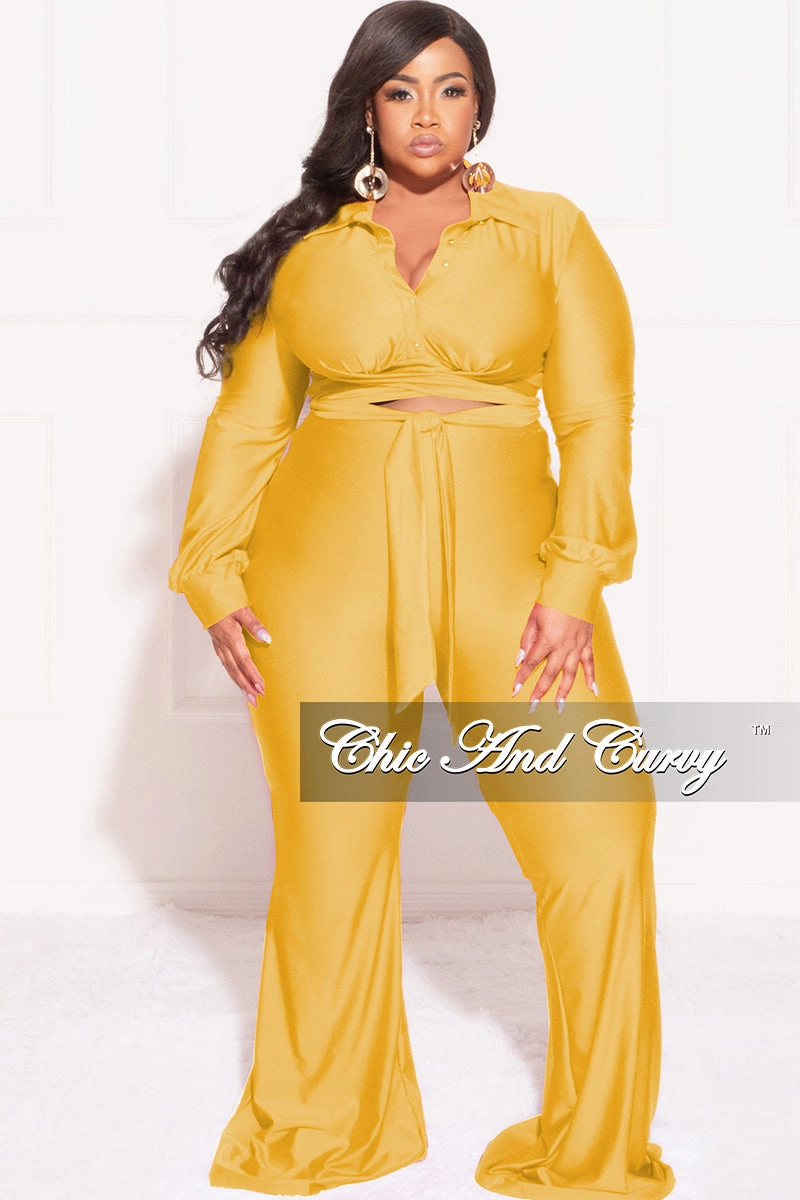 Rugged Comfort Final Sale Plus Size Shiny 2pc Collar Button Up Crop Tie Top and Bell Bottom Pants Set in Yellow