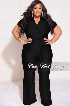 Fade Resistant Dye Final Sale Plus Size Shiny Collar Button Up Stretchy Jumpsuit in Black