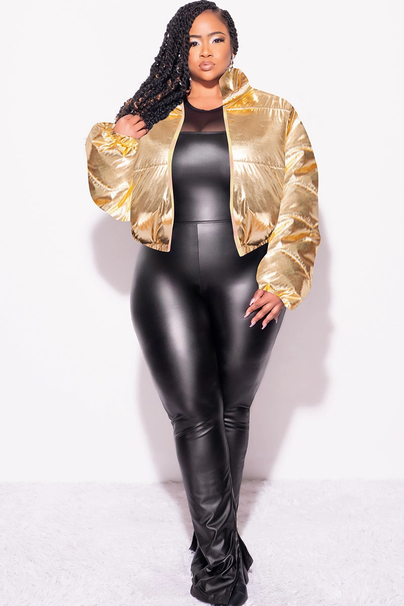 Ultra Soft Inner Layer Final Sale Plus Size Shiny Crop Puffer Jacket in Gold