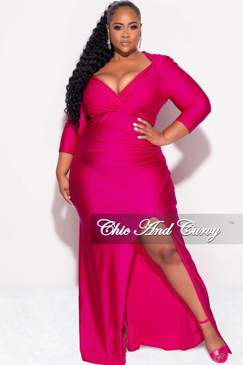 Abrasion Resistant Surface Final Sale Plus Size Shiny Faux Wrap Gown with Slit in Fuchsia