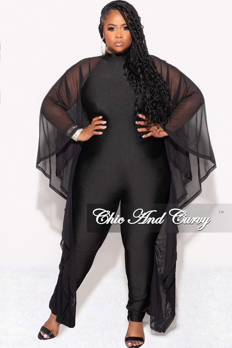 Anti Pilling Textile All-Day Wear Final Sale Plus Size Shiny Jumpsuit with Sheer Cape Sleeves in Black