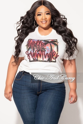Final Sale Plus Size Short Sleeve Crew Neck Hello Summer T-Shirt in Ivory All Use