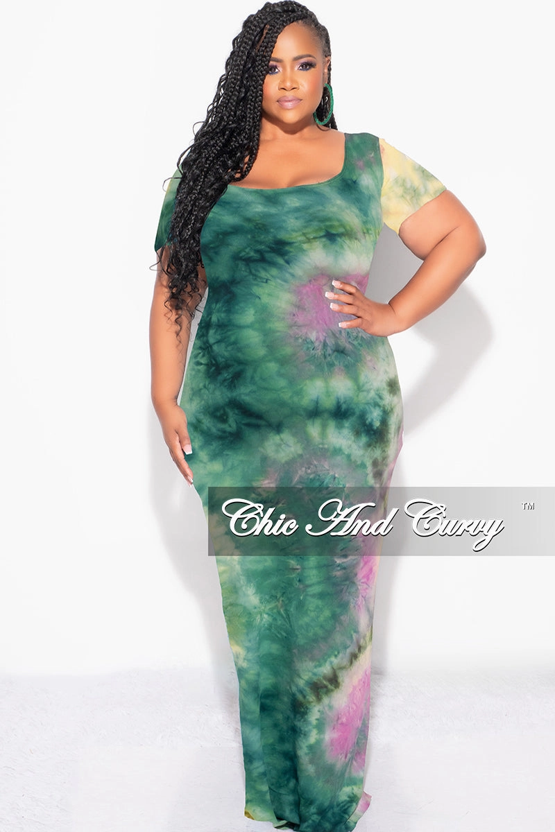 Final Sale Plus Size Short Sleeve Deep Scoop Neck Maxi Dress in Green, Purple and Yellow Tie Dye Print Sport Flex