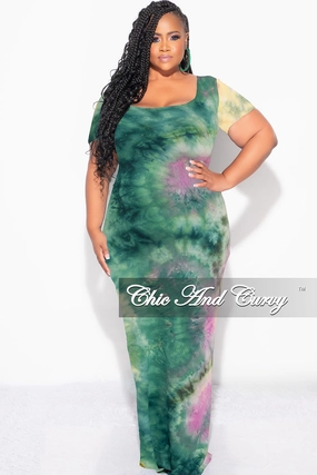 Final Sale Plus Size Short Sleeve Deep Scoop Neck Maxi Dress in Green, Purple and Yellow Tie Dye Print Sport Flex