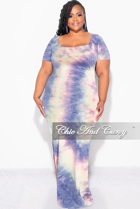 Sport Fit Final Sale Plus Size Short Sleeve Deep Scoop Neck Maxi Dress in Rainbow Cloud Print