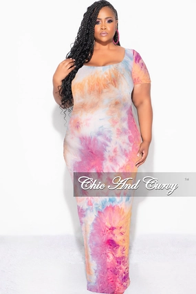 Yoga Ready Final Sale Plus Size Short Sleeve Deep Scoop Neck Maxi Dress in Rainbow Sherbet Tie Dye