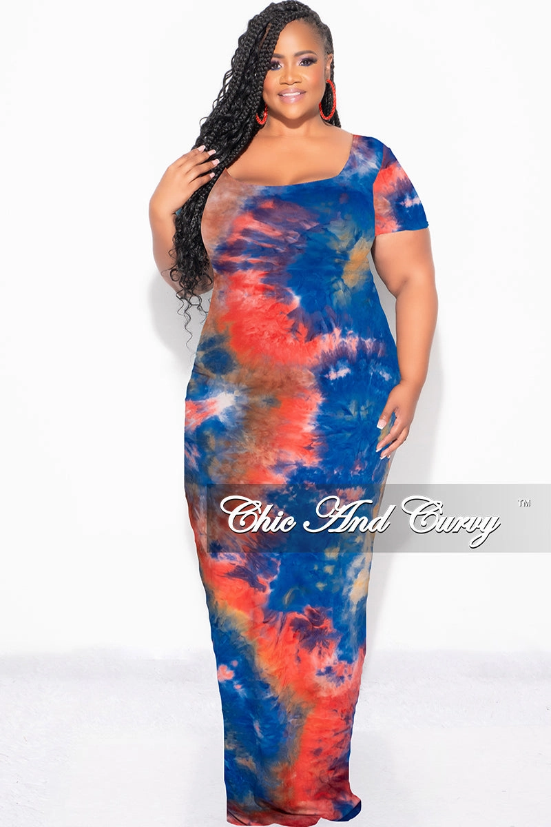 Flexible Fabric Smooth Fabric Final Sale Plus Size Short Sleeve Deep Scoop Neck Maxi Dress in Royal Blue, Red & Orange Tie Dye Print