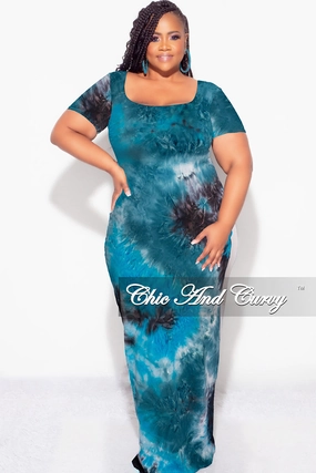 Final Sale Plus Size Short Sleeve Deep Scoop Neck Maxi Dress in Turquoise & Black Tie Dye Print Comfort Base Frayed hem