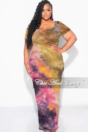 Final Sale Plus Size Short Sleeve Deep Scoop Neck Maxi Dress in Yellow and Pink Tie Dye Low Profile Fasteners