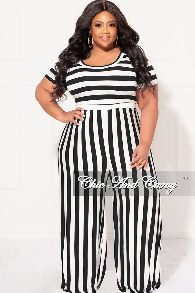 Final Sale Plus Size Short Sleeve Jumpsuit in Black and White Stripes Stretching Fit Comfy Motion