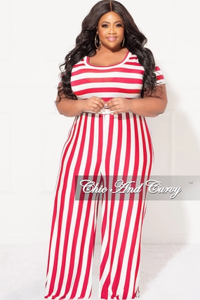 Layering Piece Active Look Final Sale Plus Size Short Sleeve Jumpsuit in Coral and White Stripes