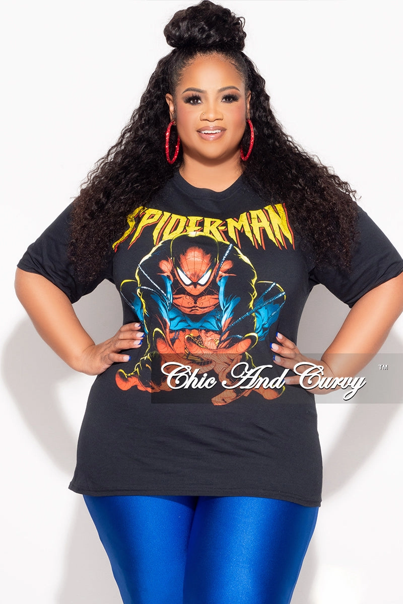 Unrestricted Movement Final Sale Plus Size Short Sleeve "Spiderman " Graphic T-Shirt in Black