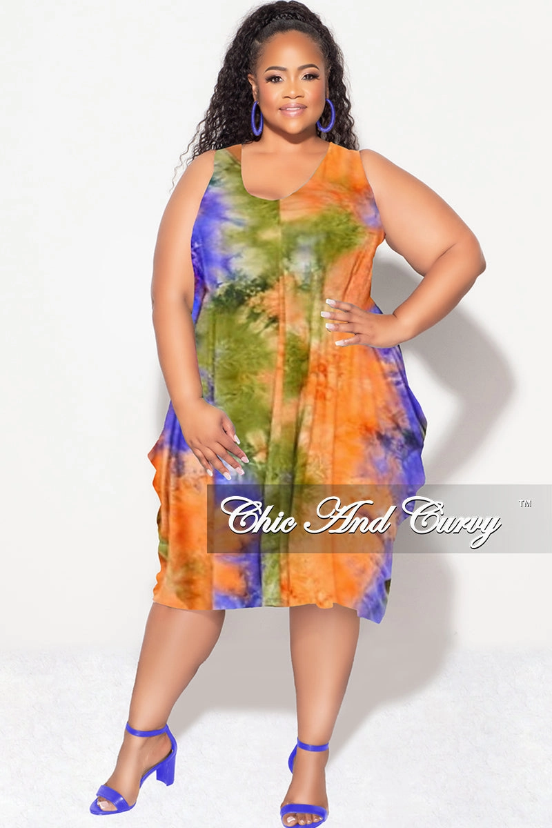 Sporty Comfort Fit Final Sale Plus Size Sleeveless Bubble Dress in Olive Orange and Purple Tie Dye