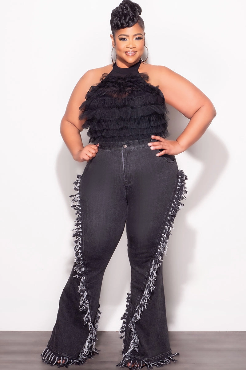 Final Sale Plus Size Sleeveless Cropped Halter Tulle & Mesh Top in Black Core Style Snag Free Fabric