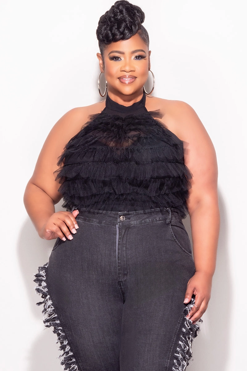 Final Sale Plus Size Sleeveless Cropped Halter Tulle & Mesh Top in Black Movement Comfort Chic Vibe