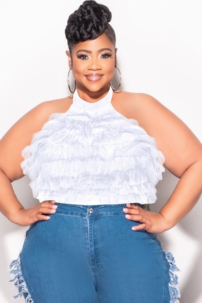 Final Sale Plus Size Sleeveless Cropped Halter Tulle & Mesh Top in White Dynamic Flex Panels Full Flex