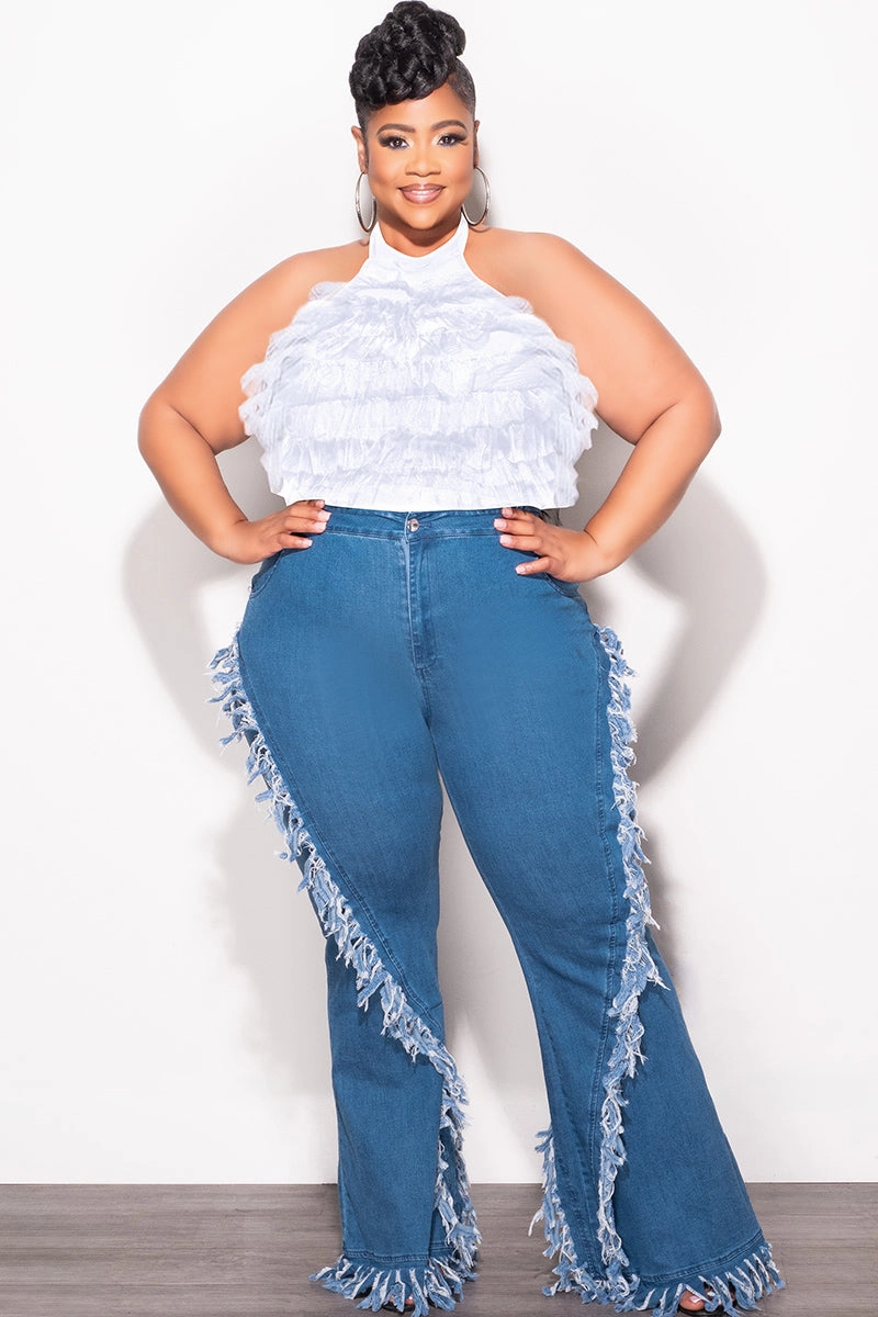 Final Sale Plus Size Sleeveless Cropped Halter Tulle & Mesh Top in White Adjustable Drawcord windproof