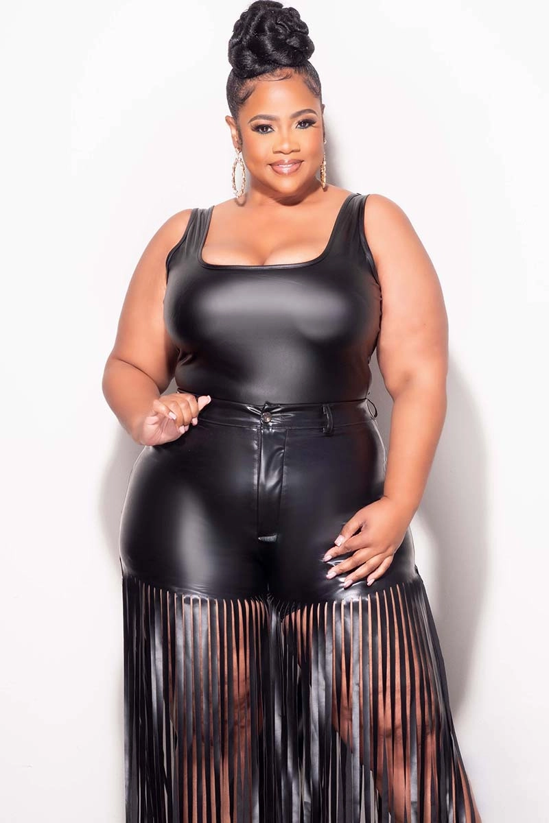 Sporty Vibe SmoothZipClosure Final Sale Plus Size Sleeveless Faux Leather Bodysuit in Black