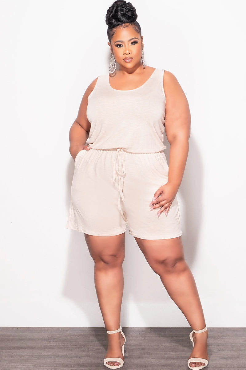 Final Sale Plus Size Sleeveless French Terry V Neck Romper in Beige Structured fabric