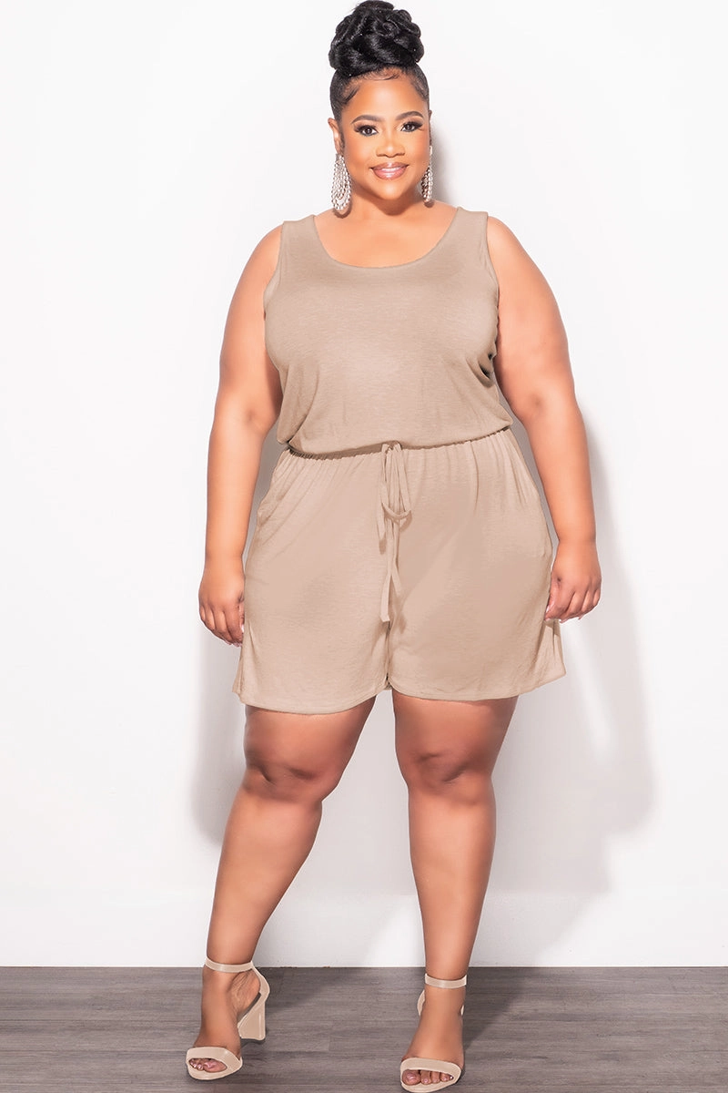 AbrasionResistant Final Sale Plus Size Sleeveless French Terry V Neck Romper in Mocha Brown