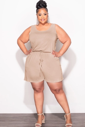 Stretch Panels Final Sale Plus Size Sleeveless French Terry V Neck Romper in Mocha Brown