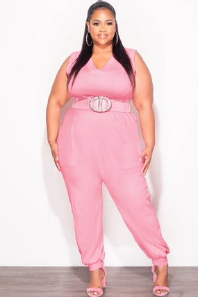 Final Sale Plus Size Sleeveless Harem Jumpsuit in Pink Flattering Fit