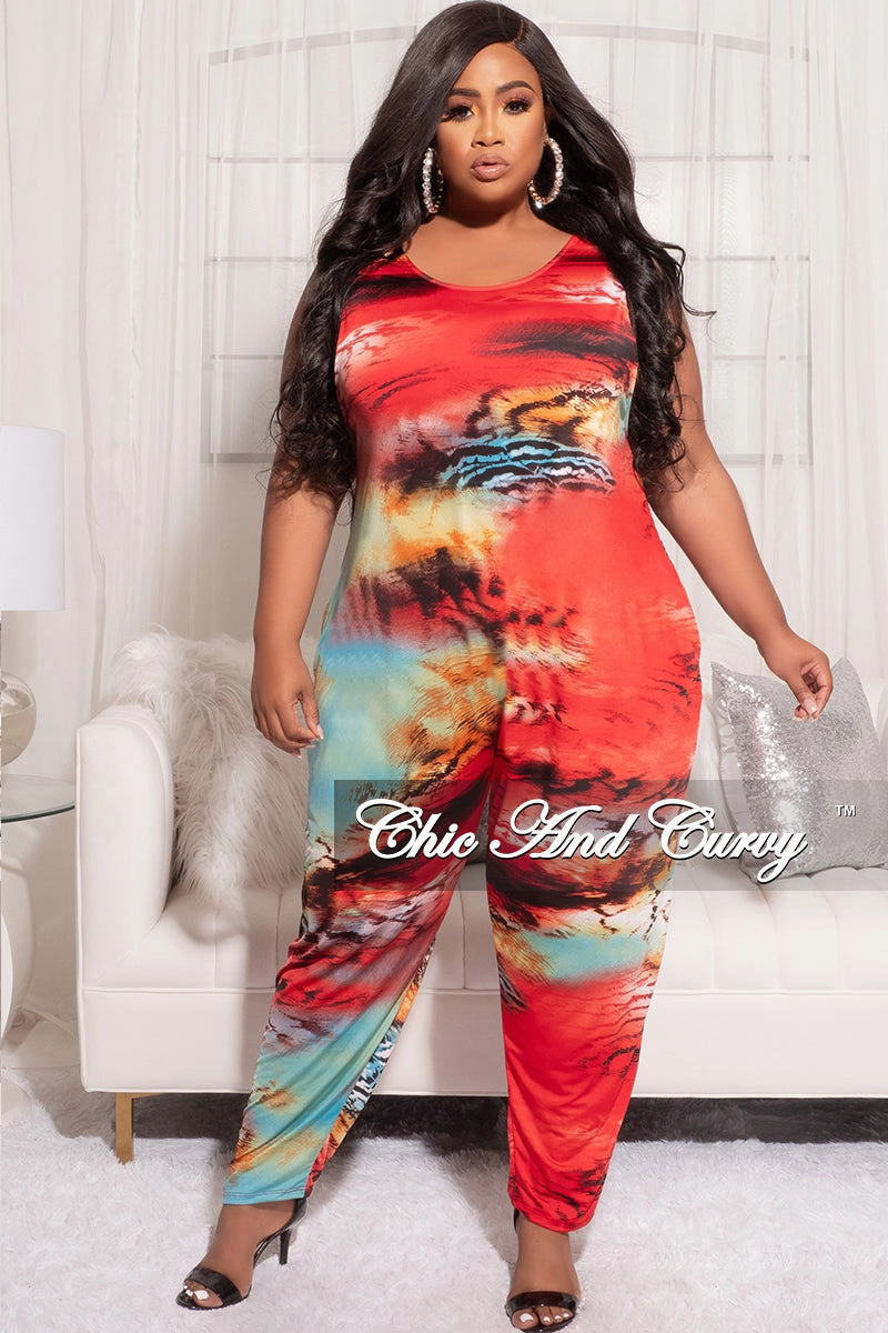 Premium Look Final Sale Plus Size Sleeveless Jumpsuit in Multi Color Print