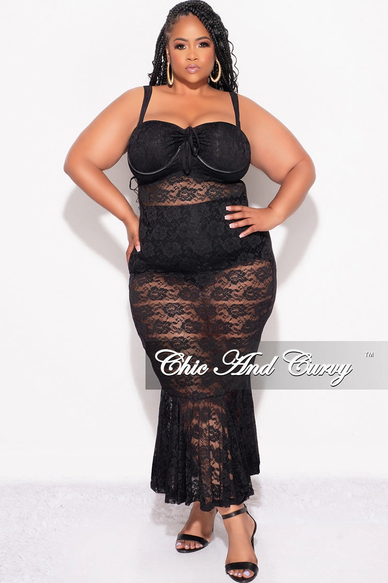 Anti Chafe Lining Final Sale Plus Size Sleeveless Lace Dress with Bottom Ruffle in Black