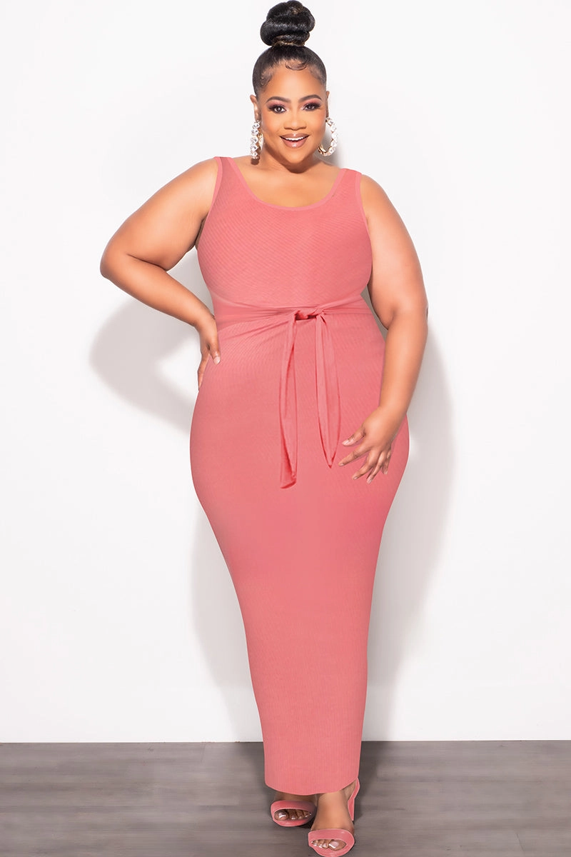 Layered Style Snug Fit Final Sale Plus Size Sleeveless Maxi Dress with Waist Tie in Mauve