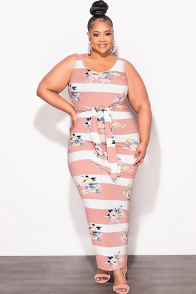 Final Sale Plus Size Sleeveless Maxi Dress with Waist Tie in Pink and White Stripe Floral Print Roomy Fit