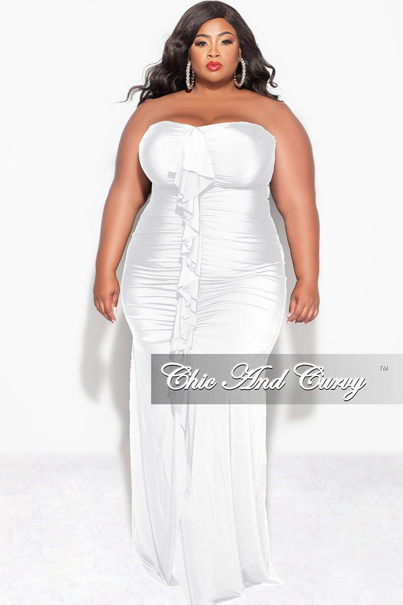 Final Sale Plus Size Sleeveless Maxi Gown With Center Ruching with Ruffle in White Stretch Waistband Design